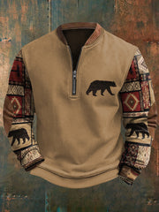 Herren Retro Western Bear Print Casual Sweatshirt mit Reiß verschluss