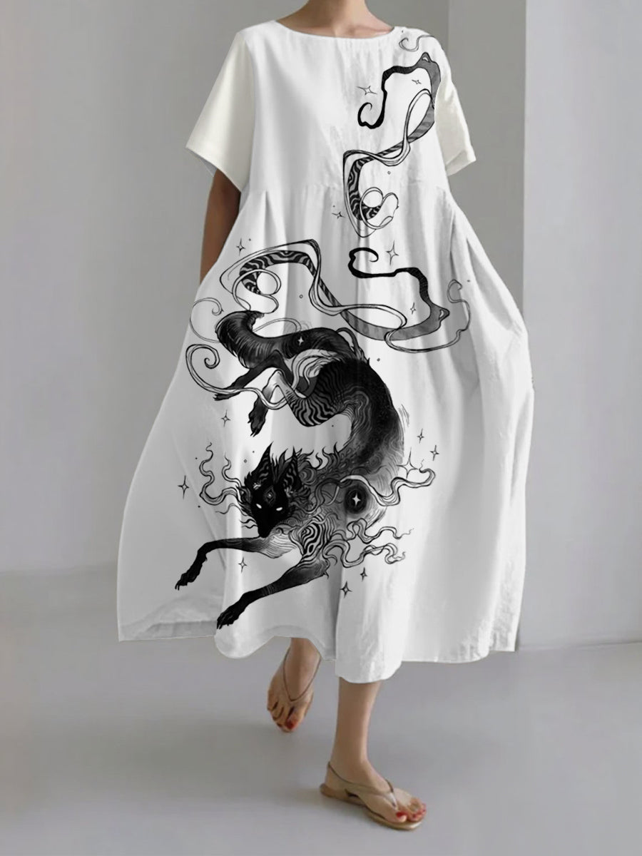 Damen japanische Kunst lässige Kurzarm kleider
