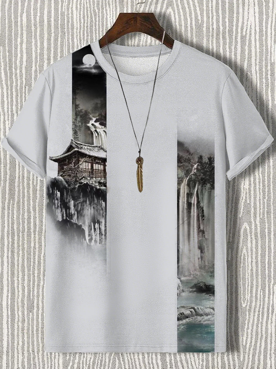 Japanische Herren Kunstdruck T-Shirt mit kurzen Ärmeln