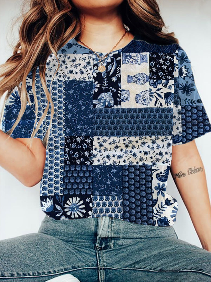 Kurzärmliges T-Shirt mit japanischen Kunst blumen