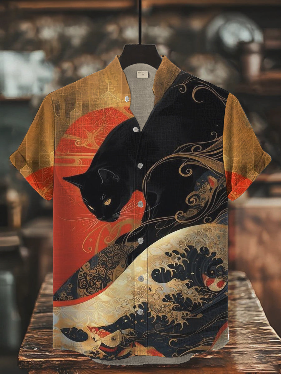 Herren Japanische Kunst Katze Bedrucktes Hemd