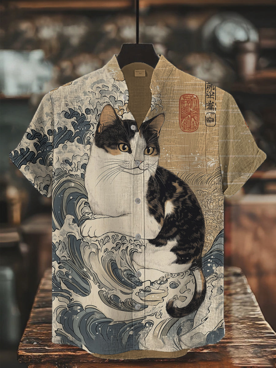 Herren Japanische Kunst Katze Bedrucktes Hemd