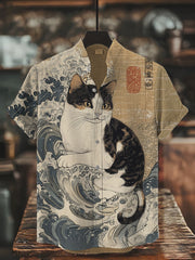 Herren Japanische Kunst Katze Bedrucktes Hemd