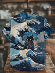 Herren Japanische Kunst Katze Bedrucktes Hemd