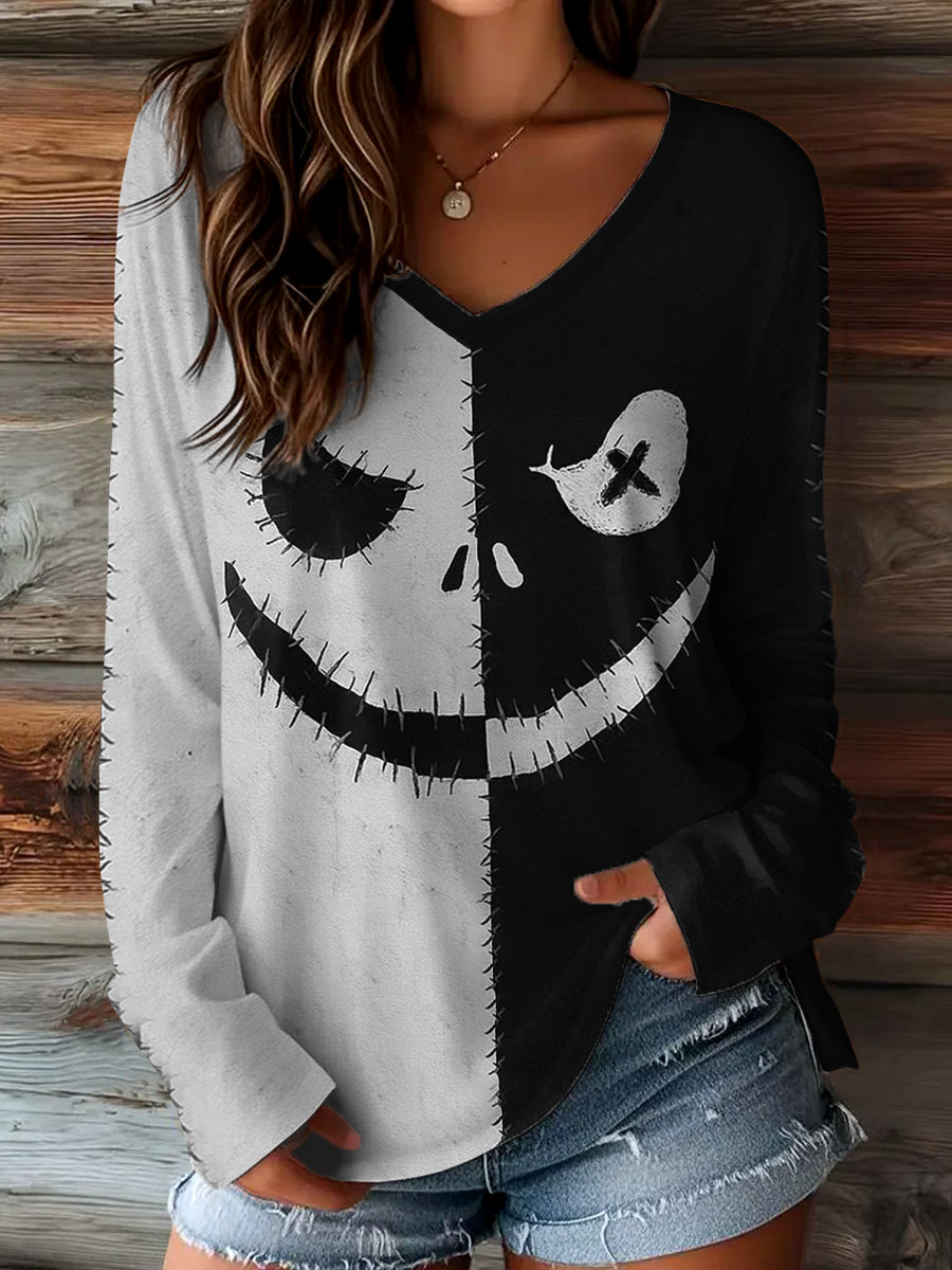 Damen Halloween Gruseliges Gesichts druck lässig Langarm T-Shirt