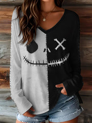 Damen Halloween Gruseliges Gesichts druck lässig Langarm T-Shirt