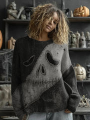 Frauen Halloween Spooky Gesicht genähter Druck Pullover
