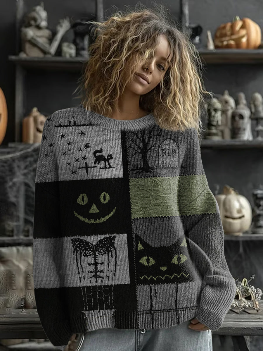 Frauen Halloween Katzen gesicht Genähter Print Pullover