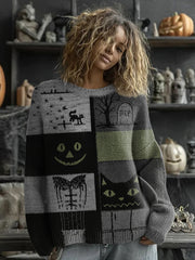 Frauen Halloween Katzen gesicht Genähter Print Pullover