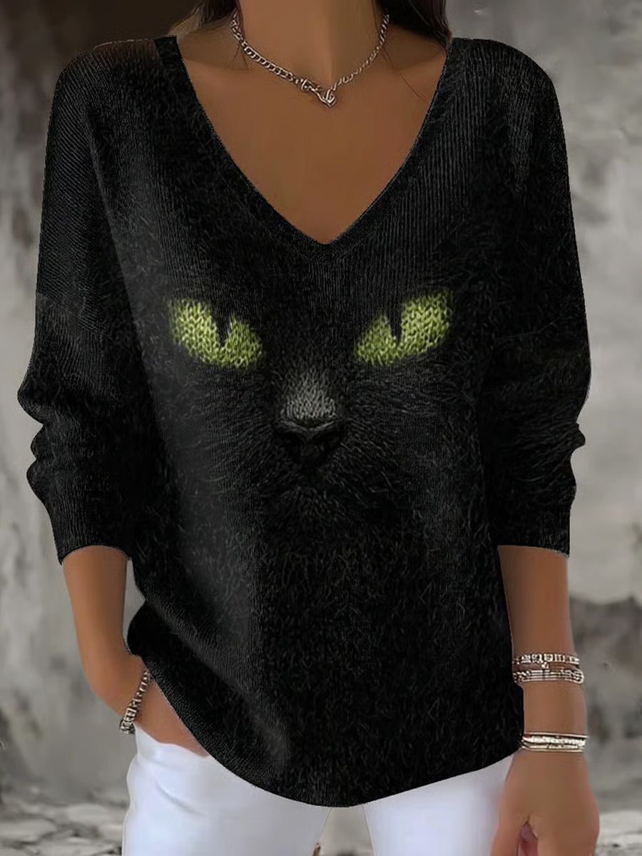 Frauen Halloween Katze V-Ausschnitt gerippt Top