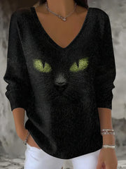 Frauen Halloween Katze V-Ausschnitt gerippt Top