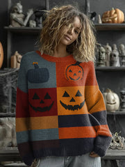 Frauen Halloween Kürbis Gesicht genähter Druck Pullover
