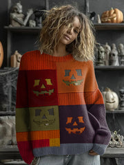 Frauen Halloween Kürbis Gesicht genähter Druck Pullover