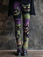 Frauen Halloween gruselige Katze bestickte Strick leggings