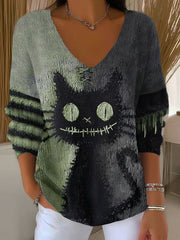 Frauen Halloween Katze V-Ausschnitt gerippt Top