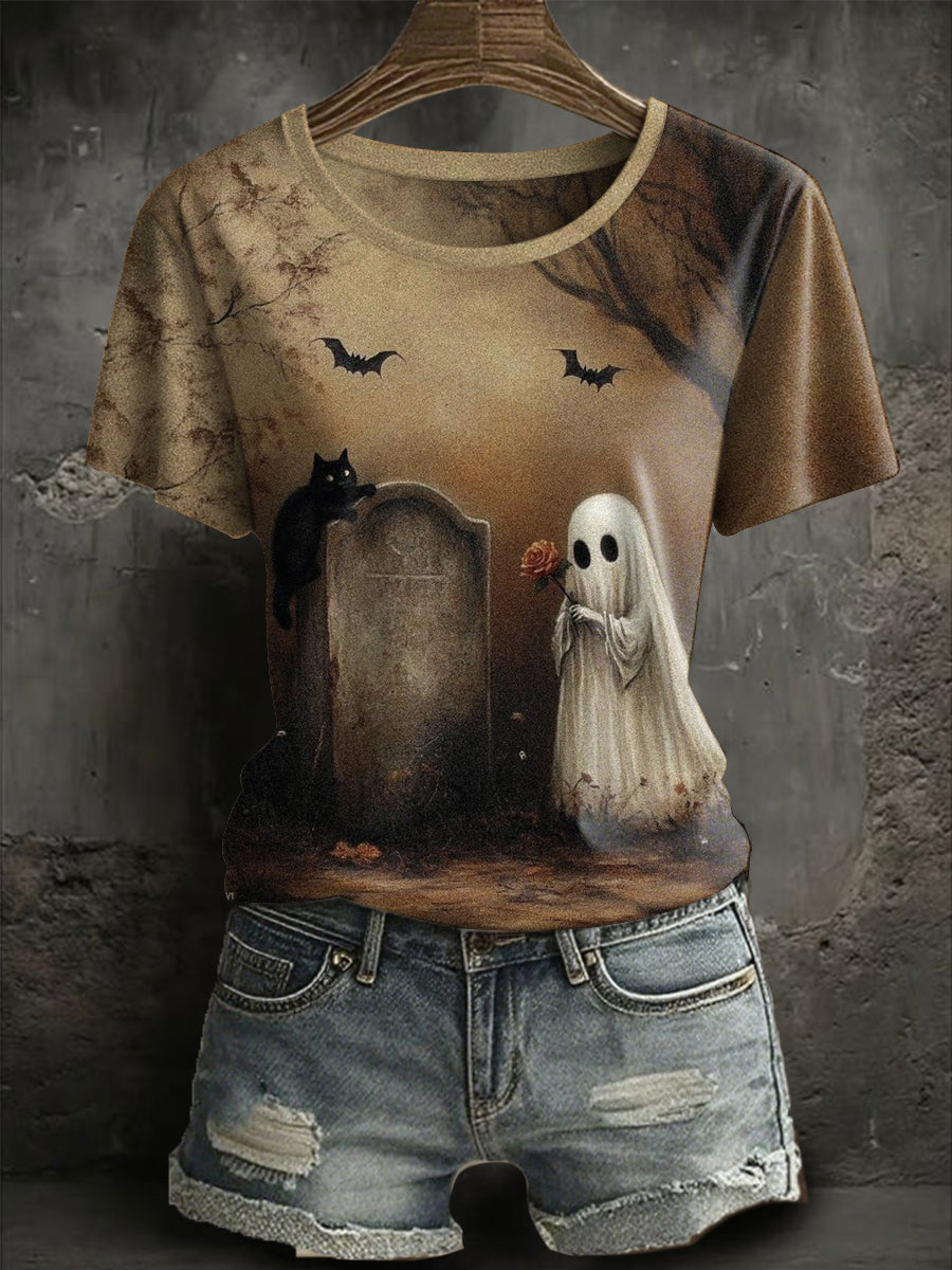 Kurzarm-T-Shirt mit schwarzen Katzen gespenst bedruckt, Halloween