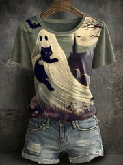 Kurzarm-T-Shirt mit schwarzen Katzen gespenst bedruckt, Halloween