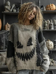 Frauen Halloween Spooky Gesicht genähter Druck Pullover