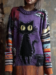 Damen Halloween Schwarze Katze Bestickt Patchwork Langer Strick pullover