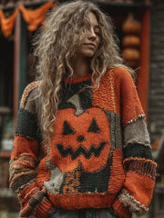 Frauen Halloween Kürbis Gesicht genähter Druck Pullover