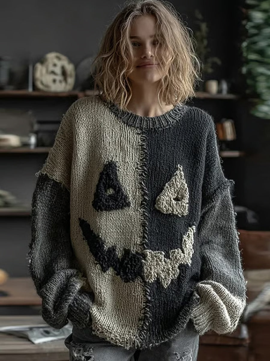 Frauen Halloween Spooky Gesicht genähter Druck Pullover
