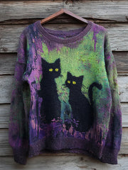 Frauen Halloween schwarze Katze Farbe Clash Strick pullover