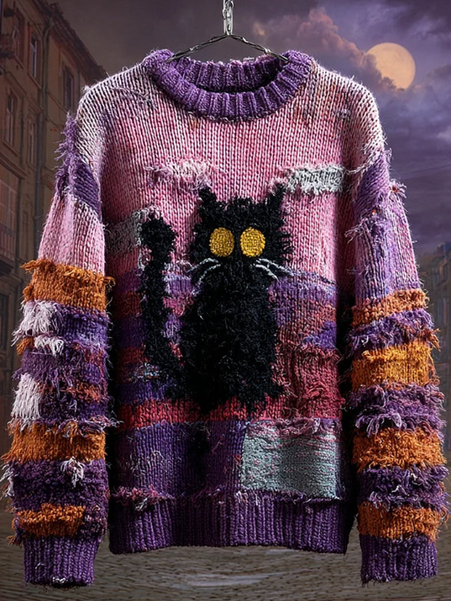 Damen Halloween Schwarze Katze Bestickt Patchwork Gemütliche Strick pullover