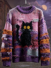 Damen Halloween Schwarze Katze Bestickt Patchwork Gemütliche Strick pullover