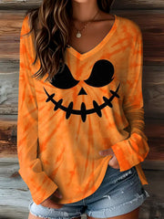 Damen-Herbst-Halloween-Kürbis-Gesichts-Krawatte Farbstoff-Druck lässig V-Ausschnitt lang ärmel iges T-Shirt