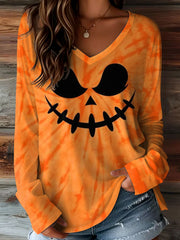 Damen-Herbst-Halloween-Kürbis-Gesichts-Krawatte Farbstoff-Druck lässig V-Ausschnitt lang ärmel iges T-Shirt