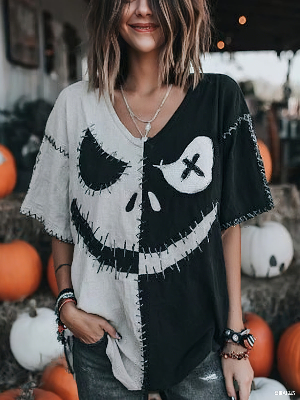 Damen Halloween Spooky Gesichts druck Casual V-Ausschnitt T-Shirt