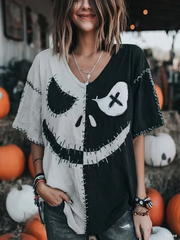 Damen Halloween Spooky Gesichts druck Casual V-Ausschnitt T-Shirt