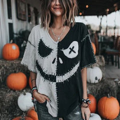 Damen Halloween Spooky Gesichts druck Casual V-Ausschnitt T-Shirt