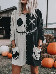 Damen Halloween Spooky Gesichts druck Lässiges Langarm-Oberteil in mittlerer Länge