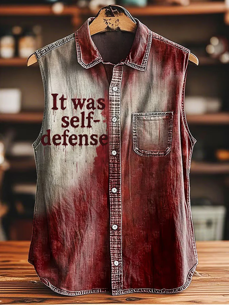 Herren Halloween Es war Selbstverteidigung Blut beflecktes Vintage Casual Ärmelloses Hemd