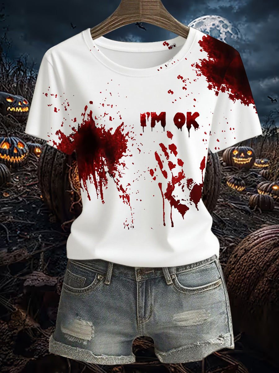 Frauen lustig Ich bin OK Blut beflecktes, lässiges Kurzarm-T-Shirt
