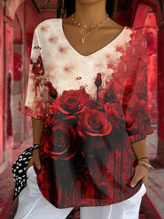 Frauen Halloween Blutrot Rose V-Ausschnitt Top