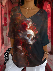 Frauen Halloween Blutrot Rose V-Ausschnitt Top