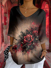 Frauen Halloween Blutrot Rose V-Ausschnitt Top
