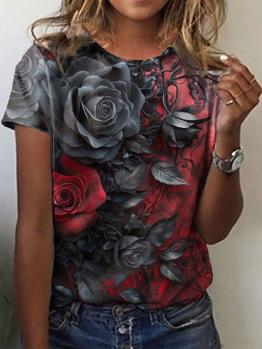 Frauen Halloween Gothic Blutrote Rose T-Shirt
