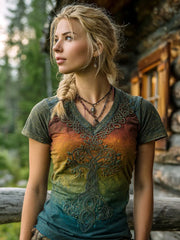 Damen Vintage Viking Leben des Baumes Gradienten kunst Damen Leinen T-Shirt mit V-Ausschnitt