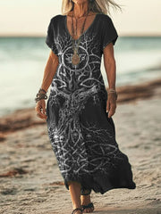 Frauen Vintage Viking Keltisches Knoten Kunst Maxi kleid aus Baumwolle