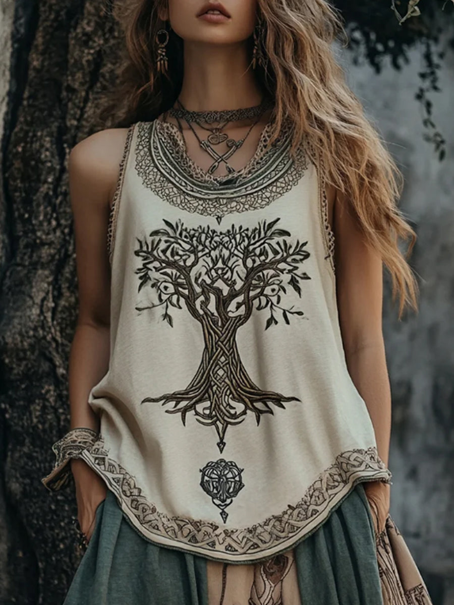Damen Vintage Tribal Tree Of Life Print Ärmel los Leinen mischung Tank Top