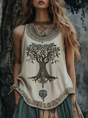 Damen Vintage Tribal Tree Of Life Print Ärmel los Leinen mischung Tank Top
