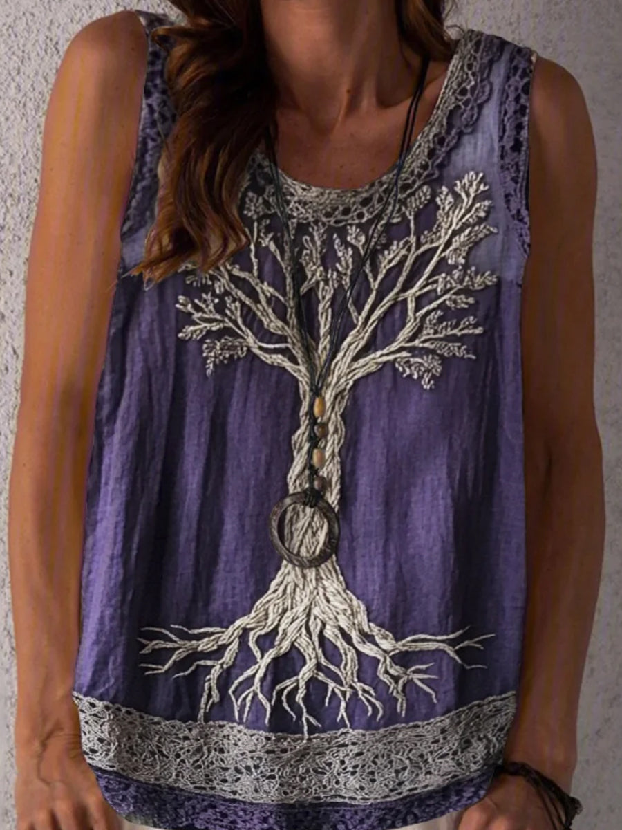 Damen Baum des Lebens Spitze Besticktes Damen Leinen Tank Top