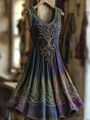 Damen Vintage Viking Tree Of Life Farbe Farbiges Leinen kleid