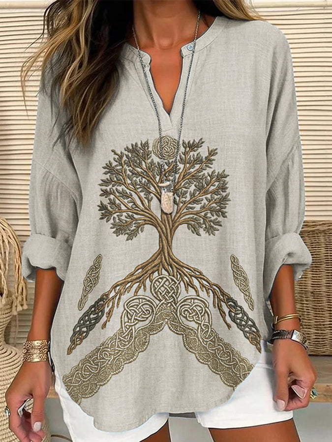 Frauen Vintage Wikinger Baum des Lebens bestickte Kunst Leinen T-Shirt