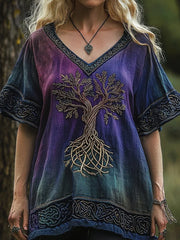 Frauen Vintage Wikinger Baum des Lebens Gradienten Stickerei Kunst Leinen T-Shirt