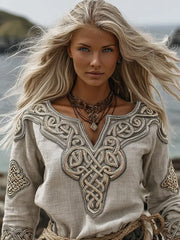 Damen Vintage Viking Keltischer Knoten Besticktes Kunst Leinen hemd