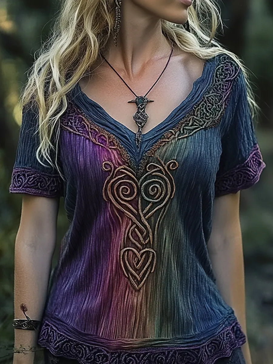 Frauen Viking Celtic Knoten Stickerei Gradient Kunst Vintage Leinen T-Shirt
